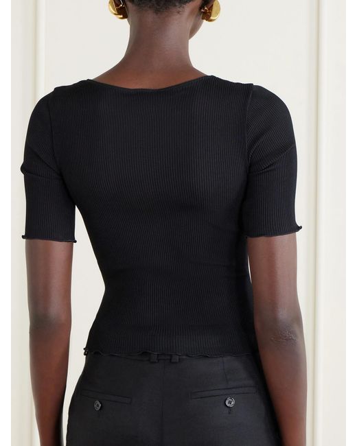 Saint Laurent Black Guipure Lace-Trimmed Ribbed-Silk T-Shirt