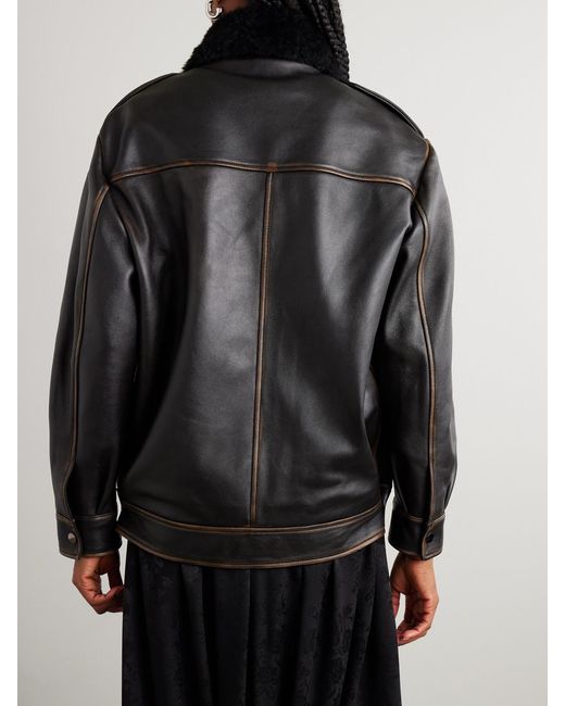 Nour Hammour Black Drey Distressed Shearling-Trimmed Leather Jacket