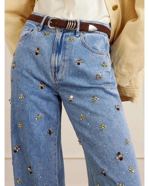 Veronica Beard Blue Kasey Embellished Mid-Rise Wide-Leg Jeans