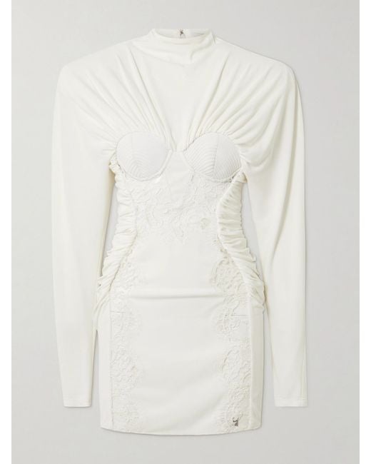 Stella McCartney White Lace-Trimmed Gathered Stretch-Crepe And Cady Mini Dress