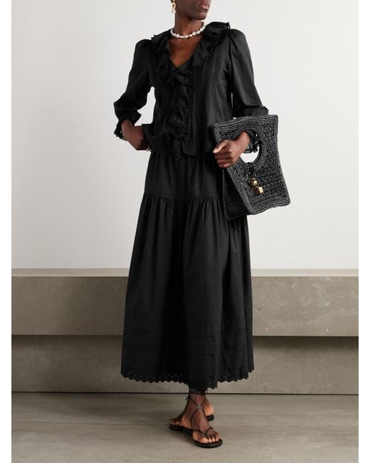 Doen Black Hardy Lace-Trimmed Ruffled Pintucked Organic Cotton-Voile Blouse