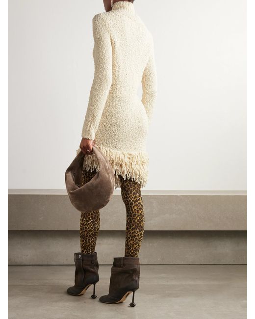 Isabel Marant Natural Fringed Wool-Blend Bouclé Turtleneck Midi Dress