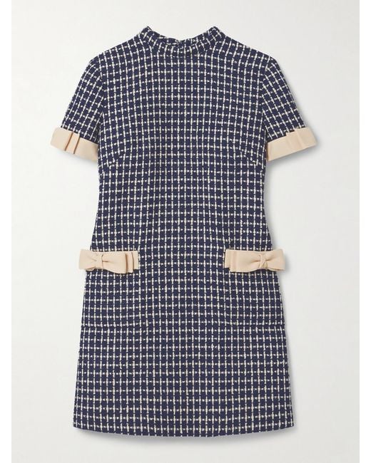 Valentino Garavani Blue Bow-Embellished Checked Wool-Blend Bouclé Mini Dress
