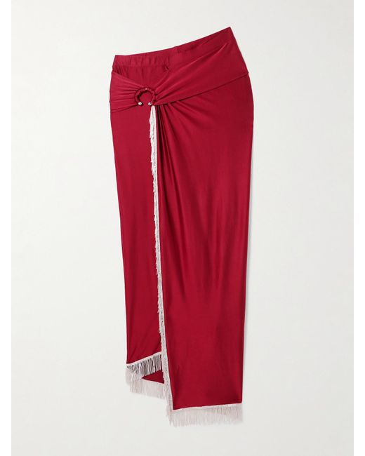 Rabanne Red Midirock Aus Glänzendem Jersey Mit Verzierungen Und Fransen
