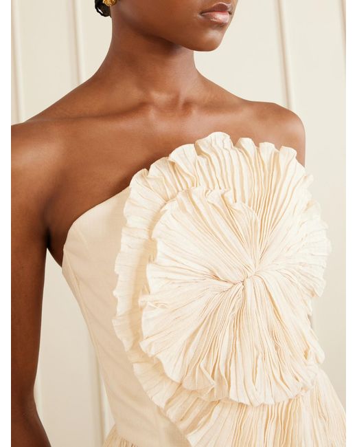 ANDRES OTALORA Natural Imara Strapless Appliquéd Pleated Linen Top