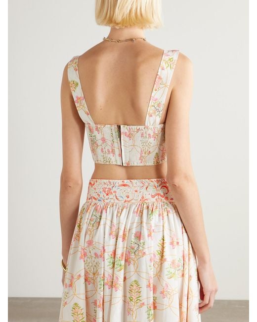 Emporio Sirenuse Natural Dalia Cropped Shirred Printed Cotton Bustier Top