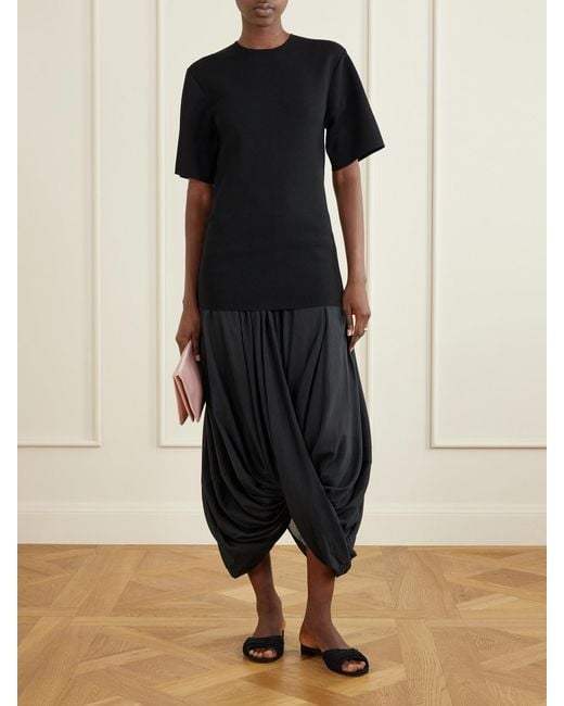 Totême Black Cocoon Draped Voile-Paneled Knitted Midi Dress