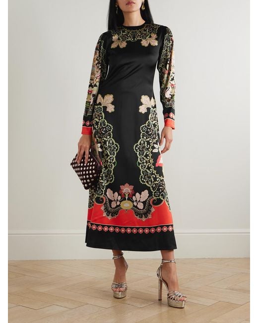 LaDoubleJ Black Icon Clingy Swing Floral-Print Stretch-Satin Maxi Dress
