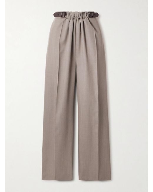 Loewe Natural Leather-Trimmed Pleated Wool-Twill Straight-Leg Pants