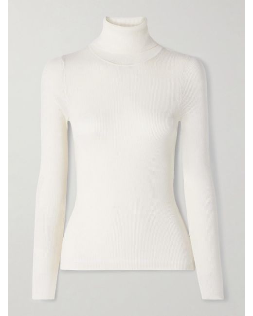 Twp White Ribbed Merino Wool Turtleneck Sweater