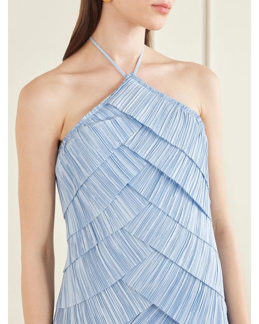 Cult Gaia Blue Marsla Plissé-Satin Halterneck Maxi Dress