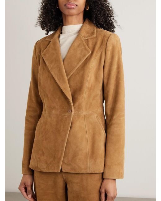 Nour Hammour Brown Double-Breasted Paneled Asymmetric Brushed-Suede Blazer