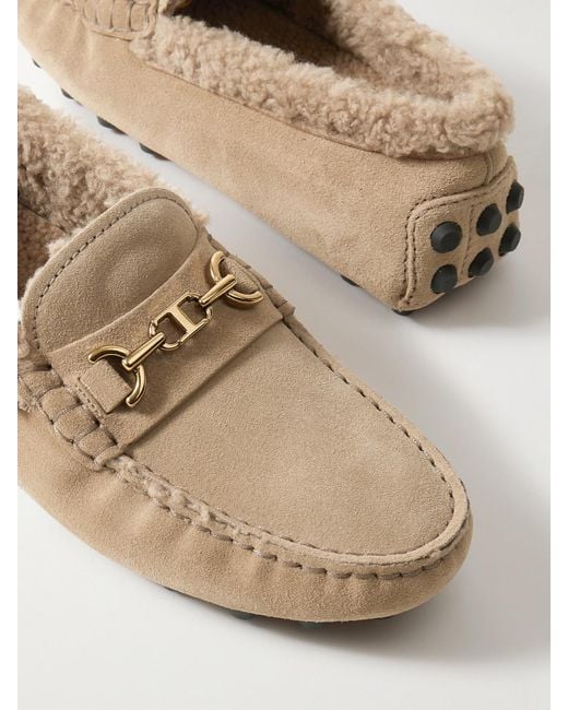 Tod's Natural Gommino Macro Loafers Aus Veloursleder Mit Shearling-Besatz Und Verzierung