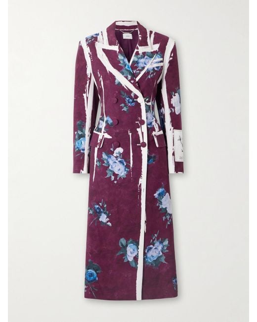 Erdem Purple Doppelreihiger Mantel Aus Satin Mit Blumenprint