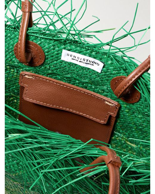 Sensi Studio Green Leather-Trimmed Frayed Ombré Straw Tote