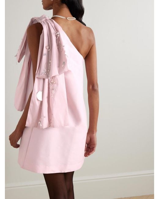 BERNADETTE Pink Winnie One-Shoulder Bow-Detailed Embellished Taffeta Mini Dress