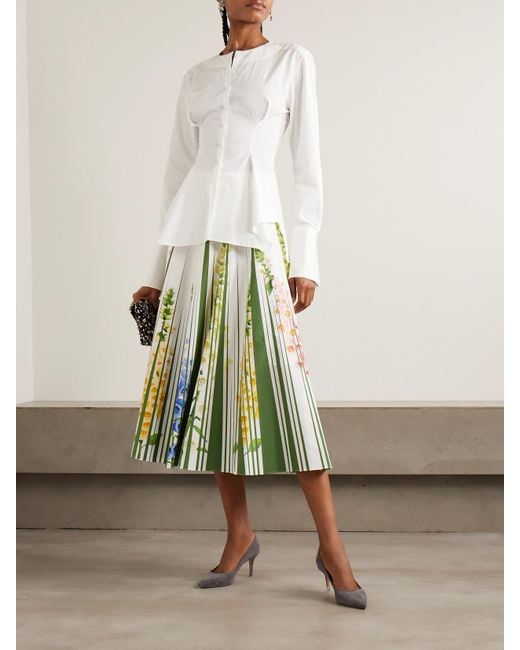 Oscar de la Renta Green Foxgloves Floral-Print Cotton-Blend Poplin Midi Skirt