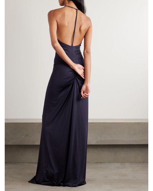 Victoria Beckham Blue Robe Aus Stretch-Satin Mit Raffungen Und Cut-Out