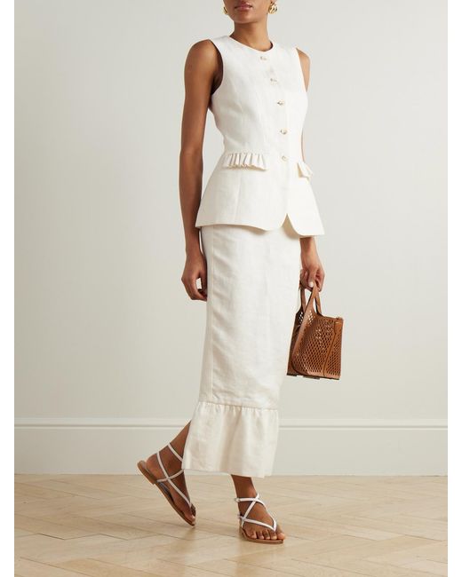 Posse White Matilda Ruffled Linen Midi Skirt
