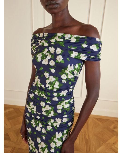Carolina Herrera Blue Floral-Print Gathered Satin Midi Dress