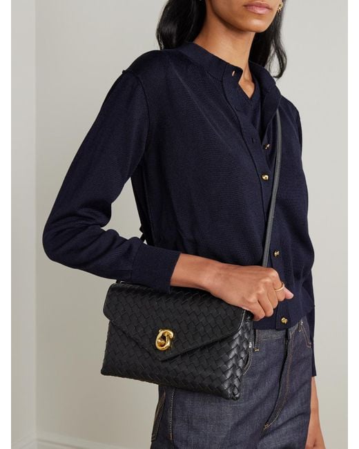 Bottega Veneta Black Knot Lock Medium Intrecciato Leather Shoulder Bag