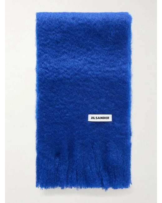 Jil Sander Blue Fringed Virgin Wool Scarf