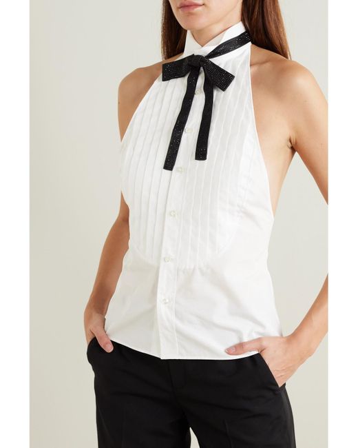 Ralph Lauren White Sorrento Embellished Bow-Detailed Pleated Cotton-Poplin Halterneck Top