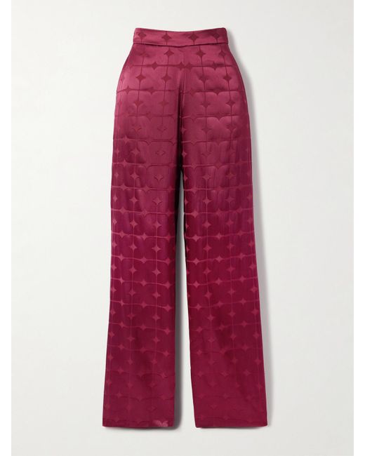 ‎Dima Ayad Red Geometric Devoré-Satin Straight-Leg Pants