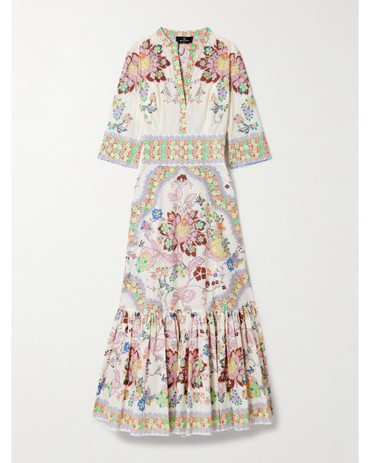Etro White Midikleid Aus Popeline Aus Einer Baumwollmischung Mit Blumenprint Und Raffungen