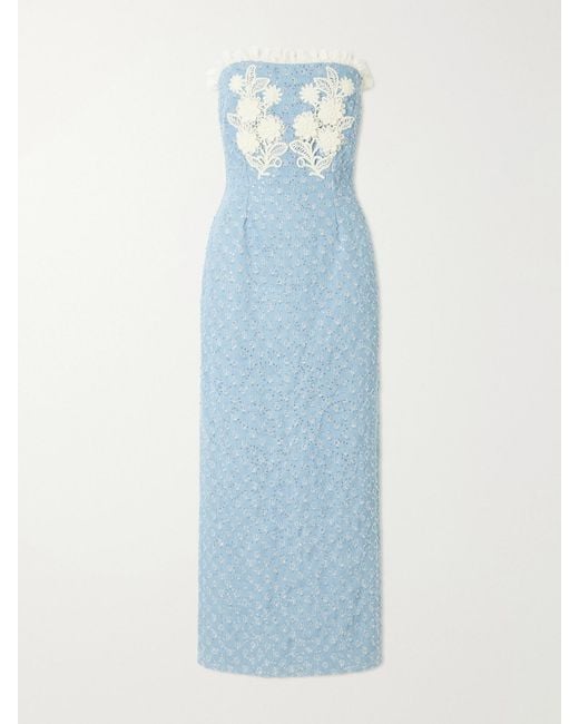 Rodarte Blue Appliquéd Sequin-Embellished Lace-Trimmed Denim Midi Dress