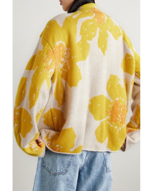 The Elder Statesman Yellow Oversized Intarsia Cashmere Cardigan