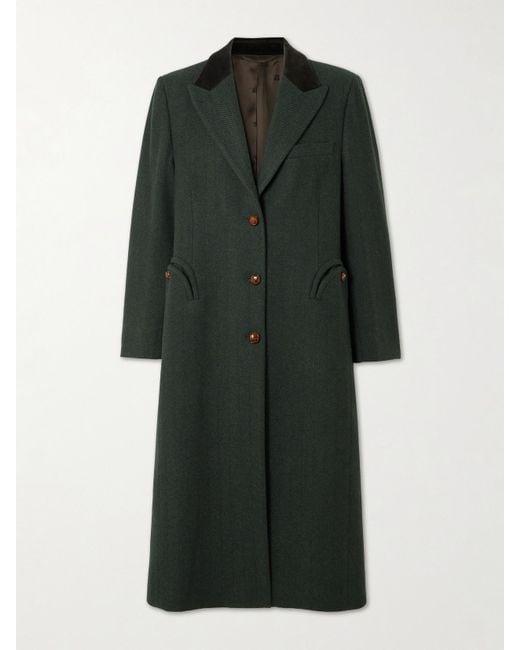 Blazé Milano Green Heck Wollmantel Mit Fischgratmuster Und Besätzen Aus Satin