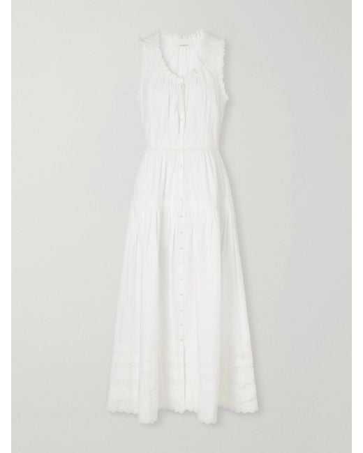 Doen White Hortense Pintucked Embroidered Organic Cotton Midi Dress