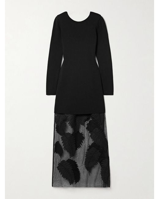 Aje. Black Wilder Layered Stretch-Knit And Embroidered Mesh Maxi Dress
