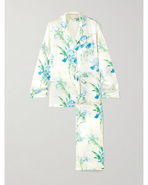 Olivia Von Halle Blue Lila Floral-Print Silk-Satin Pajama Set