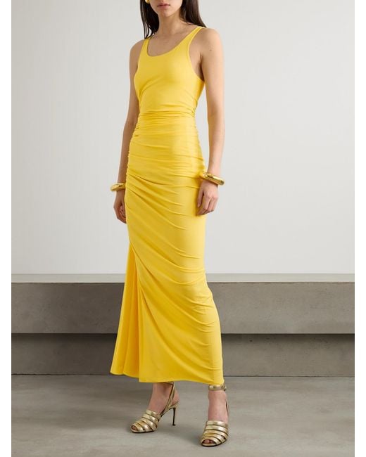 Alaïa Yellow Gathered Stretch-Jersey Midi Dress
