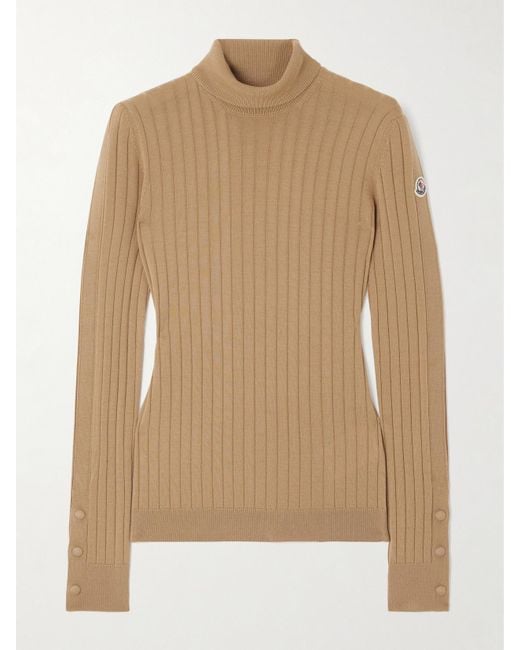 Moncler Natural Rollkragenpullover Aus Einer Gerippten Woll-Kaschmirmischung Mit Knöpfen Und Applikation