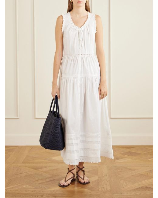 Doen White Hortense Pintucked Embroidered Organic Cotton Midi Dress