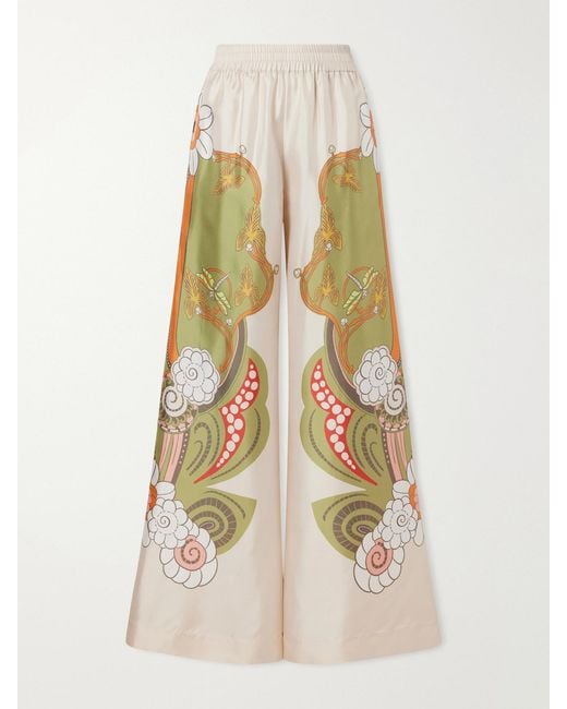 LaDoubleJ White Palazzo Floral-Print Silk-Twill Wide-Leg Pants