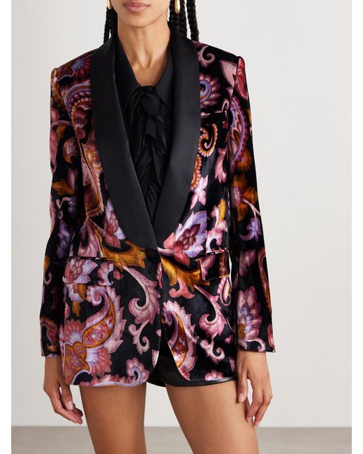 Etro Black Satin-Trimmed Paisley-Print Velvet Blazer