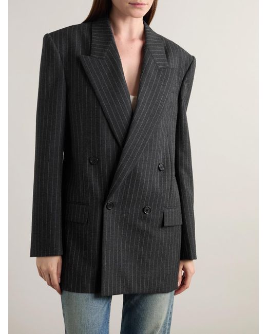Saint Laurent Black Oversized Double-Breasted Pinstriped Wool-Flannel Blazer
