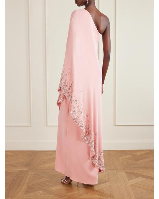 Oscar de la Renta Pink One-Shoulder Crystal-Embellished Silk-Blend Crepe Gown