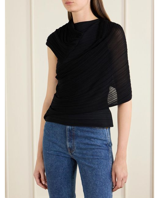 Balmain Black Draped Ribbed Jersey Blouse