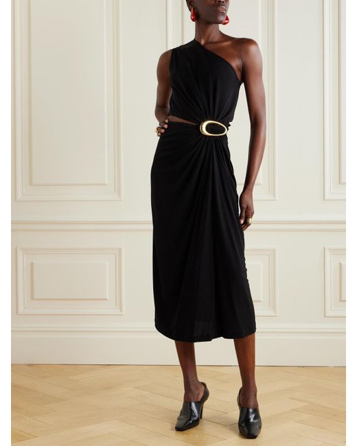 Bottega Veneta Black Asymmetrisches Midikleid Aus Strukturiertem Jersey Mit Cut-Out Und Verzierung
