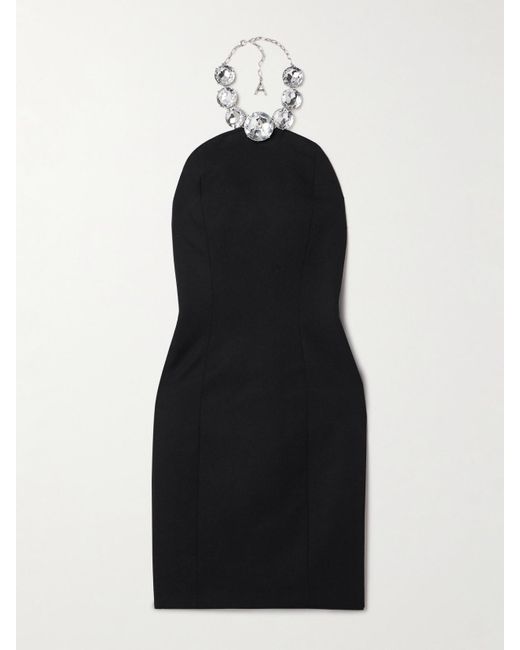 Area Black Embellished Wool-Twill Halterneck Mini Dress