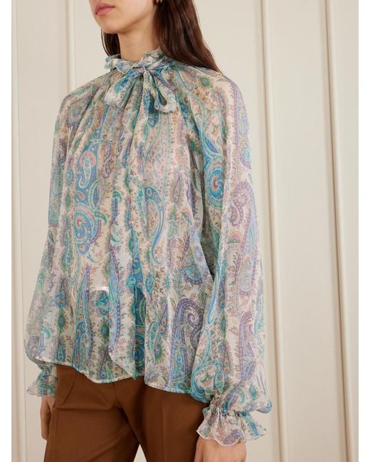 Etro Blue Pussy-Bow Ruffled Paisley-Print Silk-Crepon Blouse