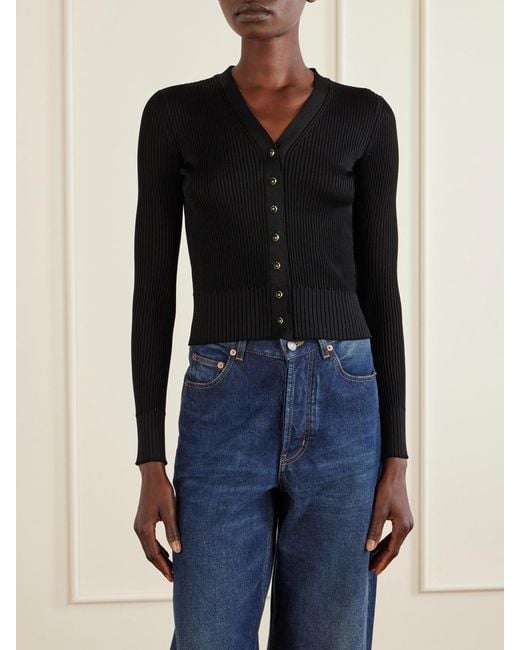 Saint Laurent Blue Ribbed Lace-Trimmed Wool, Cashmere And Silk-Blend Cardigan