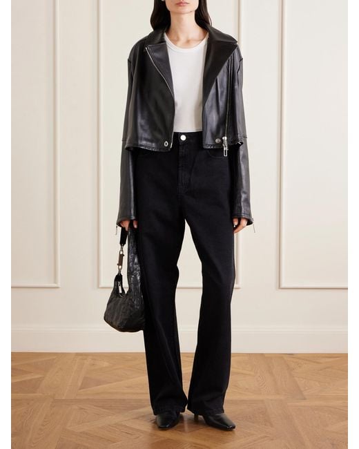Sportmax Black Cropped Fringed Nappa Leather Biker Jacket