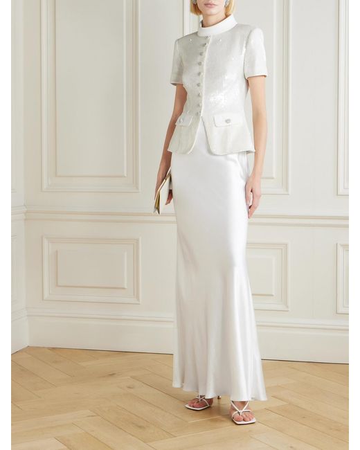 Self-Portrait White Embellished Satin Maxi Dress