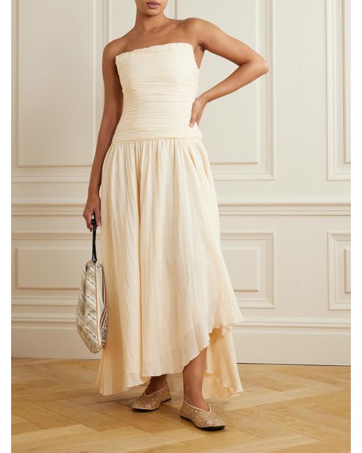 Staud Natural Hightide Strapless Asymmetric Gathered Cotton And Ramie-Blend Maxi Dress